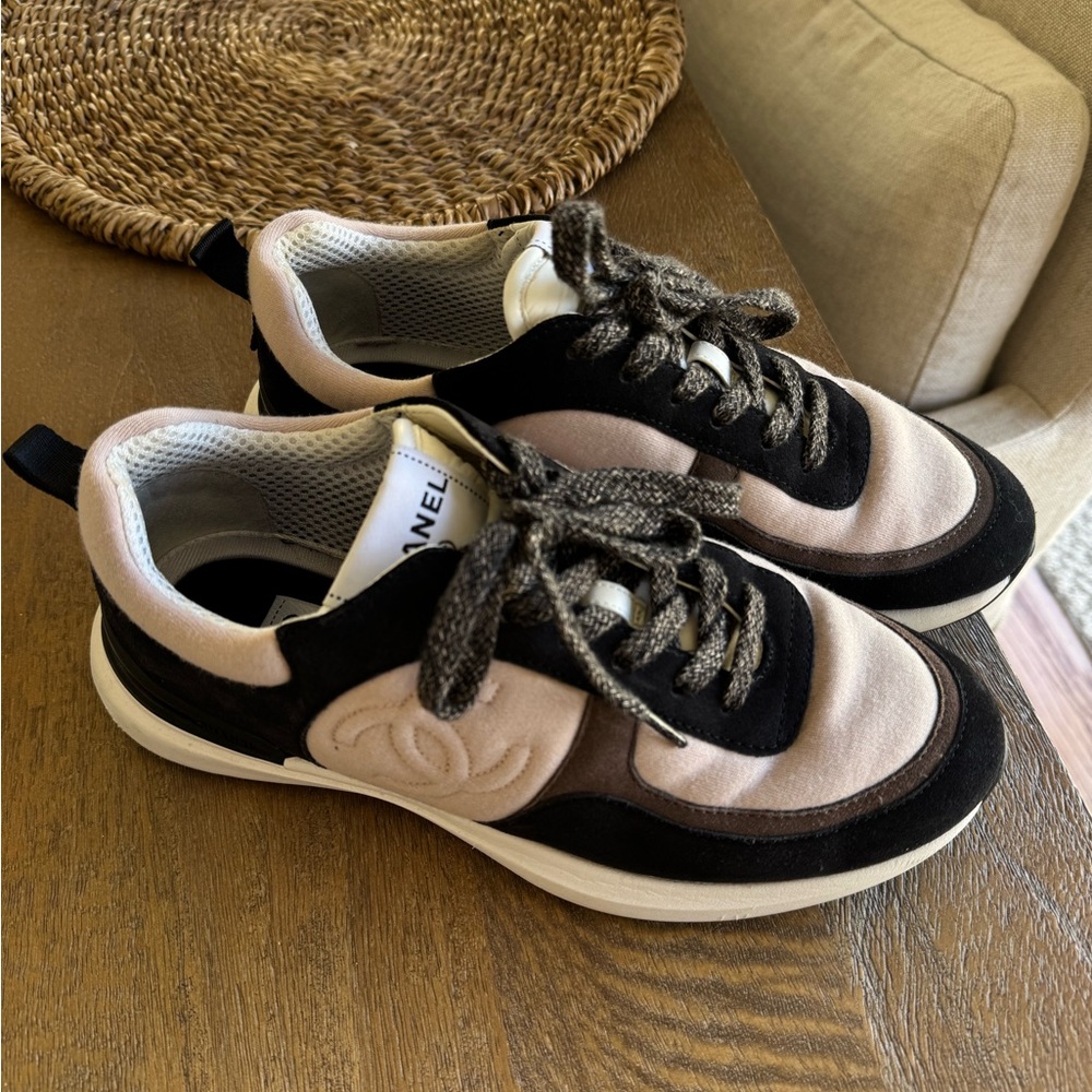 CHANEL Pink and Black Suede-Trim Athletic Sneakers